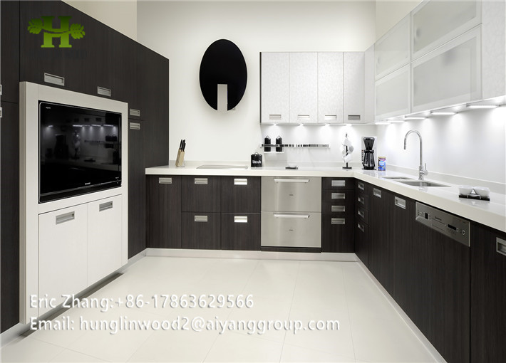 High Quality Brown Wood Grain HPL Laminate Modern Kitchen Cabinet
